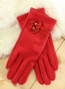 Rękawiczki ze skórzanymi kokardkami REK-A464 Czerwony